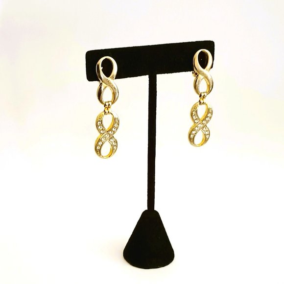 Double Figure 8 Gold Earrings Clip On Drop Earrings with Rhinestones - Picture 1 of 5